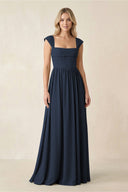 Cap Sleeve Corset A - Line Chiffon Bridesmaid Dress in Dark Navy - KissProm Bridesmaid Dresses