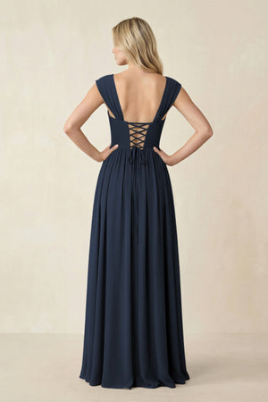 Cap Sleeve Corset A - Line Chiffon Bridesmaid Dress in Dark Navy - KissProm Bridesmaid Dresses