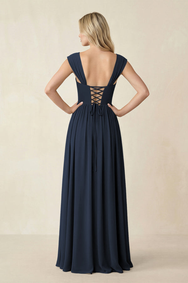 Cap Sleeve Corset A - Line Chiffon Bridesmaid Dress in Dark Navy - KissProm Bridesmaid Dresses