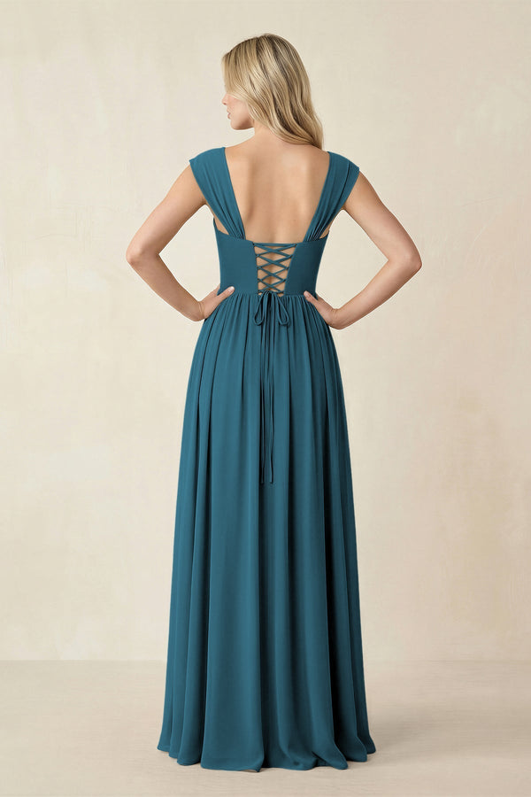 Cap Sleeve Corset A - Line Chiffon Bridesmaid Dress in Dark Teal - KissProm Bridesmaid Dresses