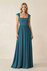 Cap Sleeve Corset A - Line Chiffon Bridesmaid Dress in Dark Teal - KissProm Bridesmaid Dresses