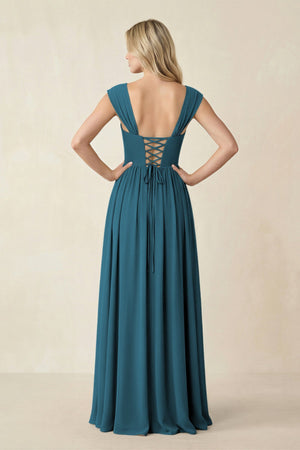 Cap Sleeve Corset A - Line Chiffon Bridesmaid Dress in Dark Teal - KissProm Bridesmaid Dresses