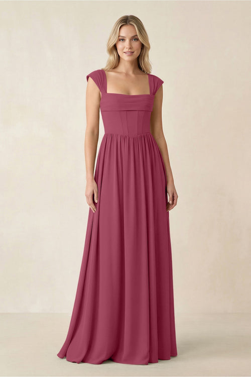 Cap Sleeve Corset A - Line Chiffon Bridesmaid Dress in Desert Rose - KissProm Bridesmaid Dresses