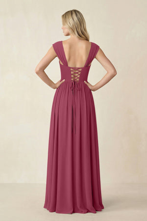 Cap Sleeve Corset A - Line Chiffon Bridesmaid Dress in Desert Rose - KissProm Bridesmaid Dresses