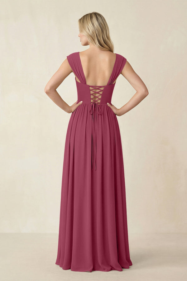 Cap Sleeve Corset A - Line Chiffon Bridesmaid Dress in Desert Rose - KissProm Bridesmaid Dresses