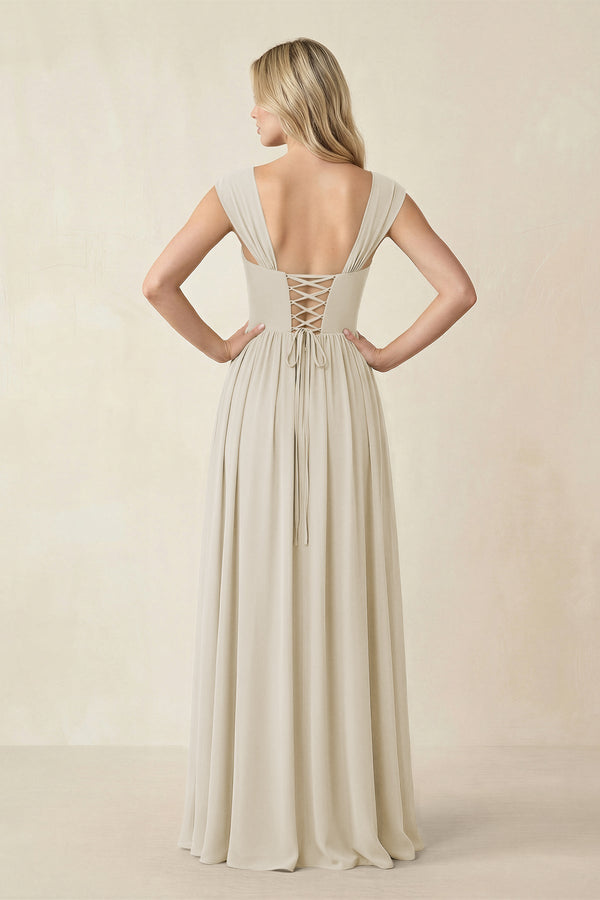 Cap Sleeve Corset A - Line Chiffon Bridesmaid Dress in Dove Gray - KissProm Bridesmaid Dresses
