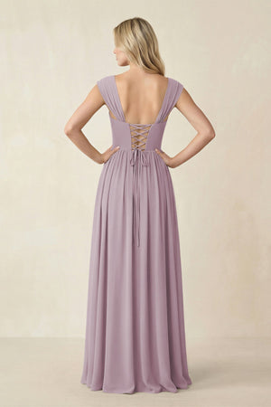 Cap Sleeve Corset A - Line Chiffon Bridesmaid Dress in Dusk - KissProm Bridesmaid Dresses