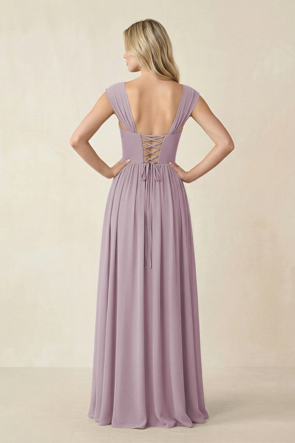 Cap Sleeve Corset A - Line Chiffon Bridesmaid Dress in Dusk - KissProm Bridesmaid Dresses