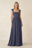 Cap Sleeve Corset A - Line Chiffon Bridesmaid Dress in Dusk Blue - KissProm Bridesmaid Dresses