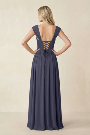 Cap Sleeve Corset A - Line Chiffon Bridesmaid Dress in Dusk Blue - KissProm Bridesmaid Dresses