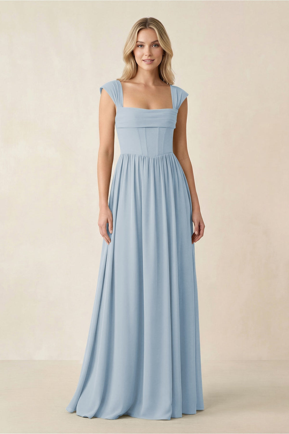 Cap Sleeve Corset A - Line Chiffon Bridesmaid Dress in Dusty Blue - KissProm Bridesmaid Dresses