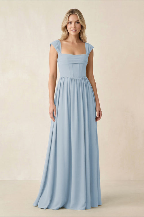 Cap Sleeve Corset A - Line Chiffon Bridesmaid Dress in Dusty Blue - KissProm Bridesmaid Dresses