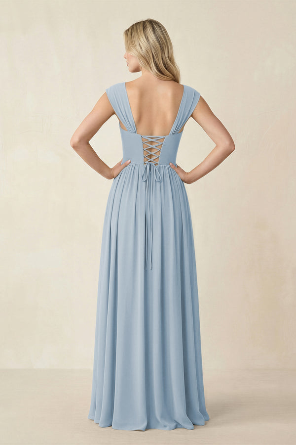 Cap Sleeve Corset A - Line Chiffon Bridesmaid Dress in Dusty Blue - KissProm Bridesmaid Dresses