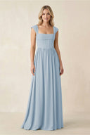 Cap Sleeve Corset A - Line Chiffon Bridesmaid Dress in Dusty Blue - KissProm Bridesmaid Dresses
