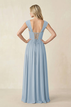 Cap Sleeve Corset A - Line Chiffon Bridesmaid Dress in Dusty Blue - KissProm Bridesmaid Dresses