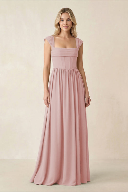 Cap Sleeve Corset A - Line Chiffon Bridesmaid Dress in Dusty Rose - KissProm Bridesmaid Dresses