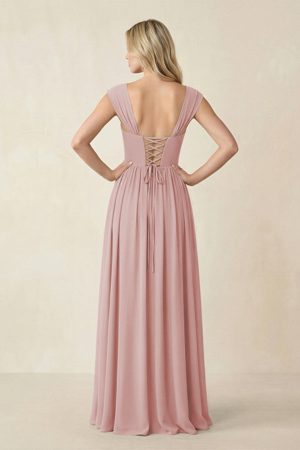 Cap Sleeve Corset A - Line Chiffon Bridesmaid Dress in Dusty Rose - KissProm Bridesmaid Dresses