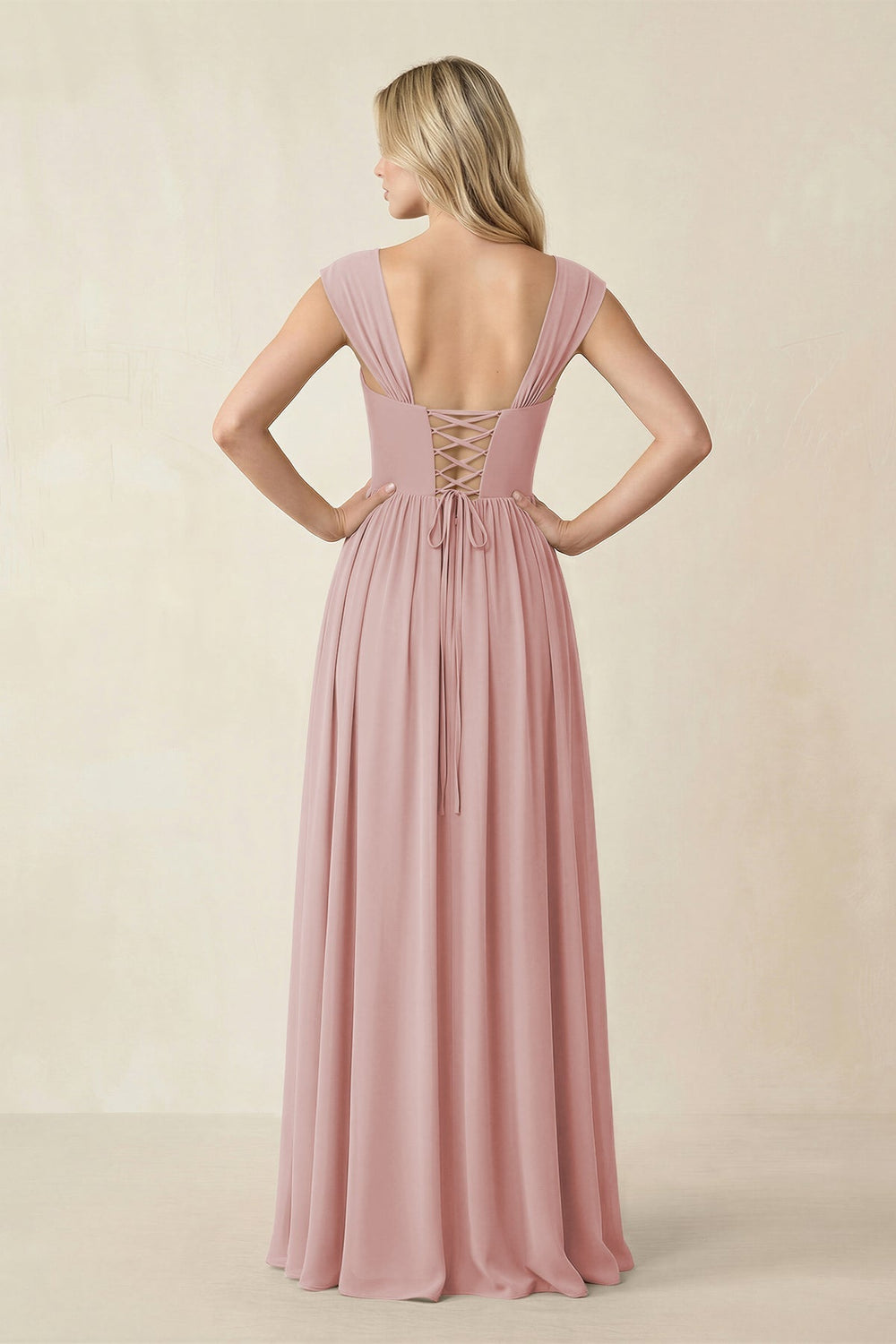 Cap Sleeve Corset A - Line Chiffon Bridesmaid Dress in Dusty Rose - KissProm Bridesmaid Dresses