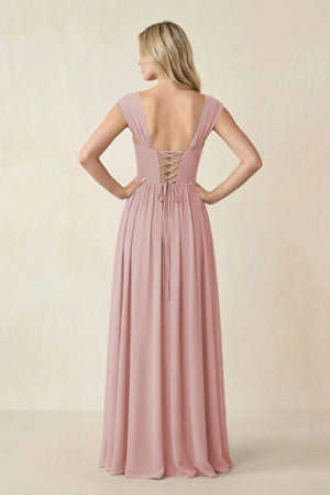 Cap Sleeve Corset A - Line Chiffon Bridesmaid Dress in Dusty Rose - KissProm Bridesmaid Dresses