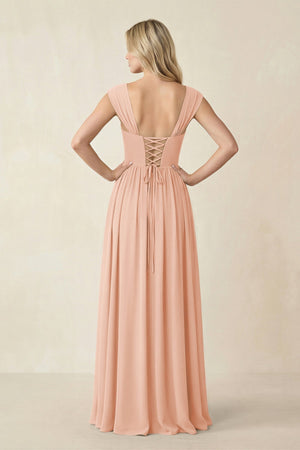 Cap Sleeve Corset A - Line Chiffon Bridesmaid Dress in English Rose - KissProm Bridesmaid Dresses