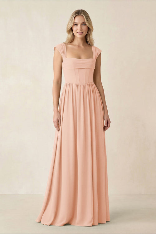 Cap Sleeve Corset A - Line Chiffon Bridesmaid Dress in English Rose - KissProm Bridesmaid Dresses