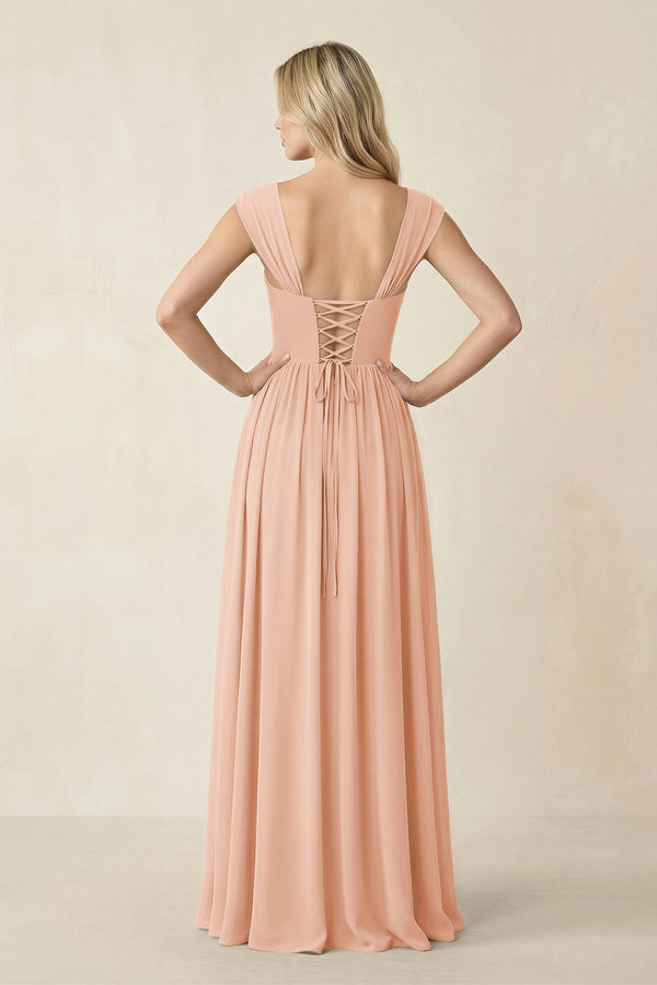 Cap Sleeve Corset A - Line Chiffon Bridesmaid Dress in English Rose - KissProm Bridesmaid Dresses