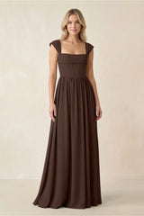 Cap Sleeve Corset A - Line Chiffon Bridesmaid Dress in Espresso - KissProm Bridesmaid Dresses
