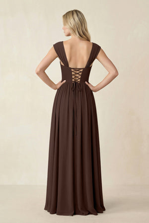 Cap Sleeve Corset A - Line Chiffon Bridesmaid Dress in Espresso - KissProm Bridesmaid Dresses
