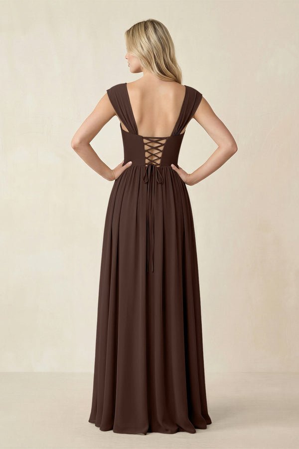 Cap Sleeve Corset A - Line Chiffon Bridesmaid Dress in Espresso - KissProm Bridesmaid Dresses