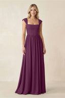 Cap Sleeve Corset A - Line Chiffon Bridesmaid Dress in Fig - KissProm Bridesmaid Dresses