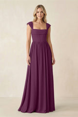 Cap Sleeve Corset A - Line Chiffon Bridesmaid Dress in Fig - KissProm Bridesmaid Dresses