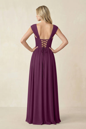 Cap Sleeve Corset A - Line Chiffon Bridesmaid Dress in Fig - KissProm Bridesmaid Dresses
