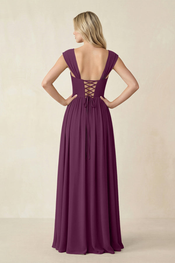 Cap Sleeve Corset A - Line Chiffon Bridesmaid Dress in Fig - KissProm Bridesmaid Dresses