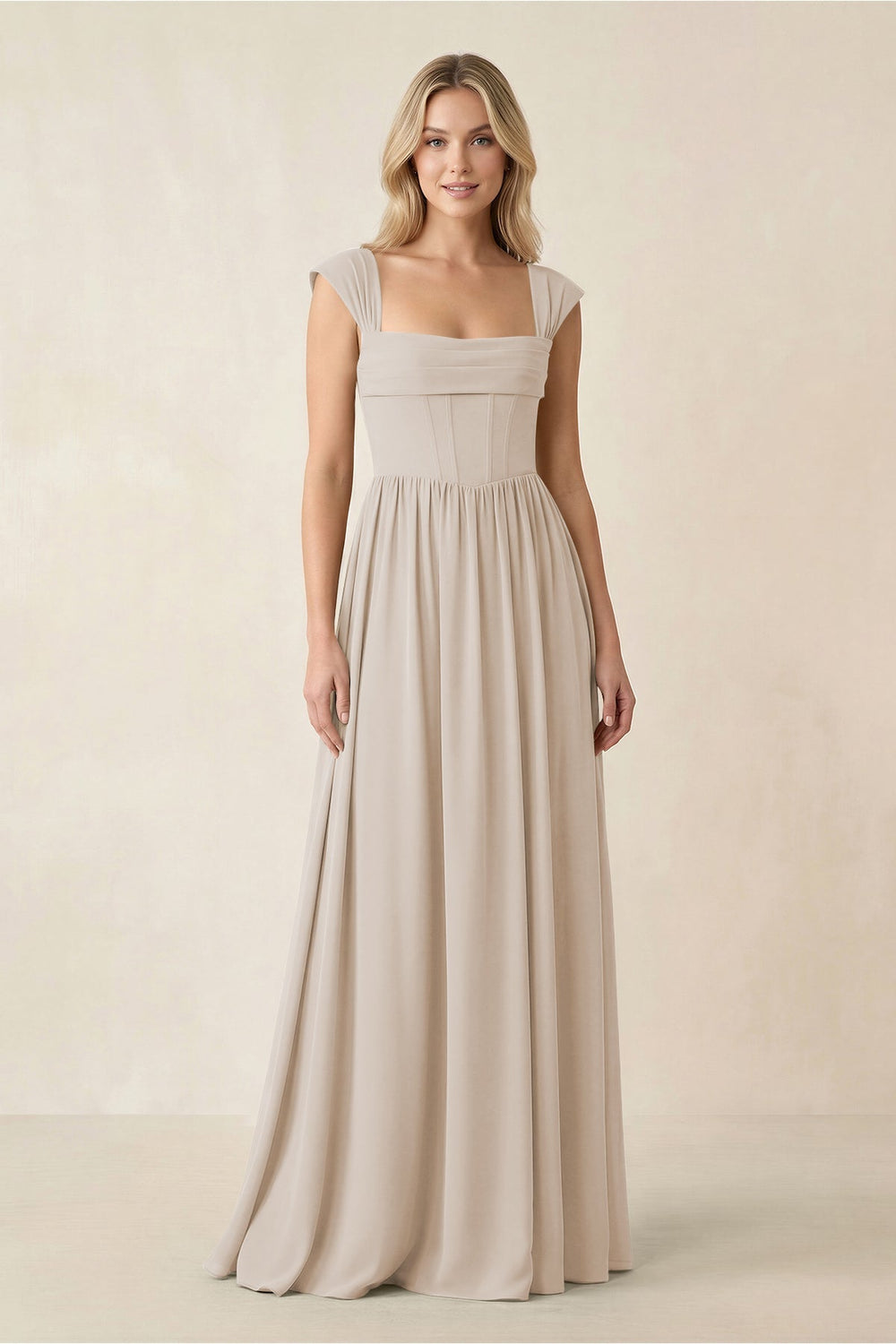 Cap Sleeve Corset A - Line Chiffon Bridesmaid Dress in Frost - KissProm Bridesmaid Dresses