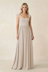 Cap Sleeve Corset A - Line Chiffon Bridesmaid Dress in Frost - KissProm Bridesmaid Dresses