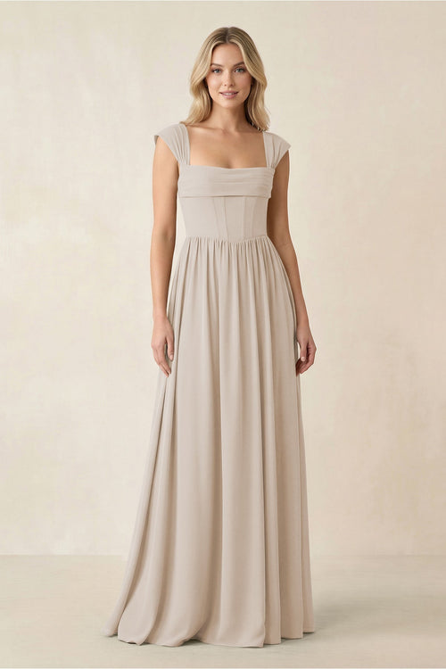 Cap Sleeve Corset A - Line Chiffon Bridesmaid Dress in Frost - KissProm Bridesmaid Dresses