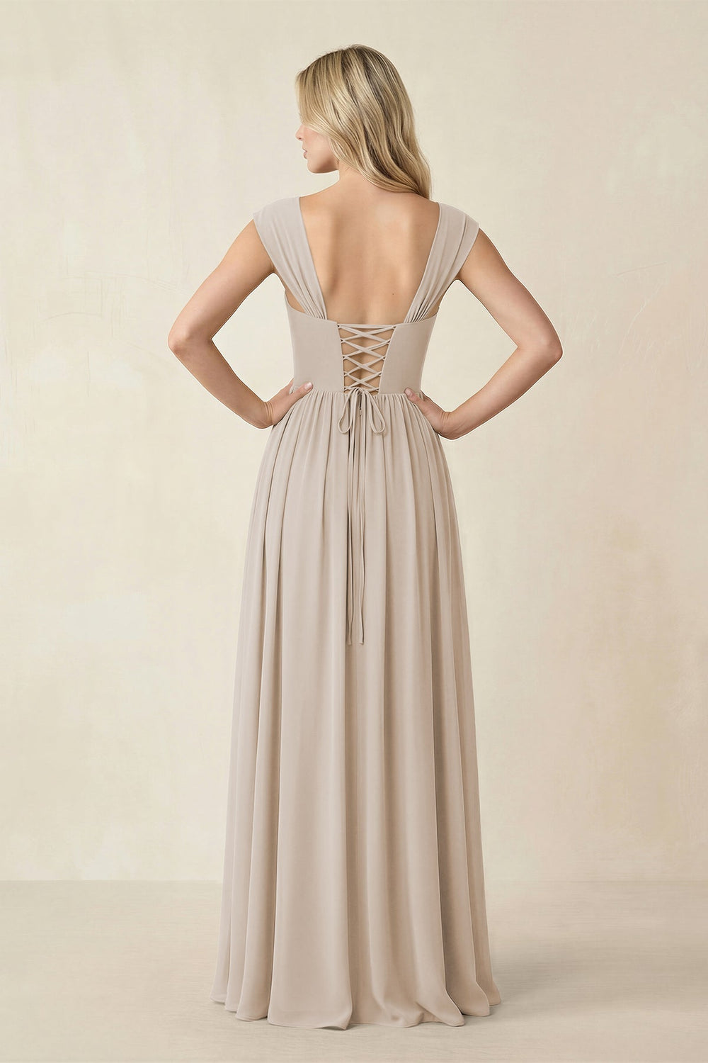 Cap Sleeve Corset A - Line Chiffon Bridesmaid Dress in Frost - KissProm Bridesmaid Dresses