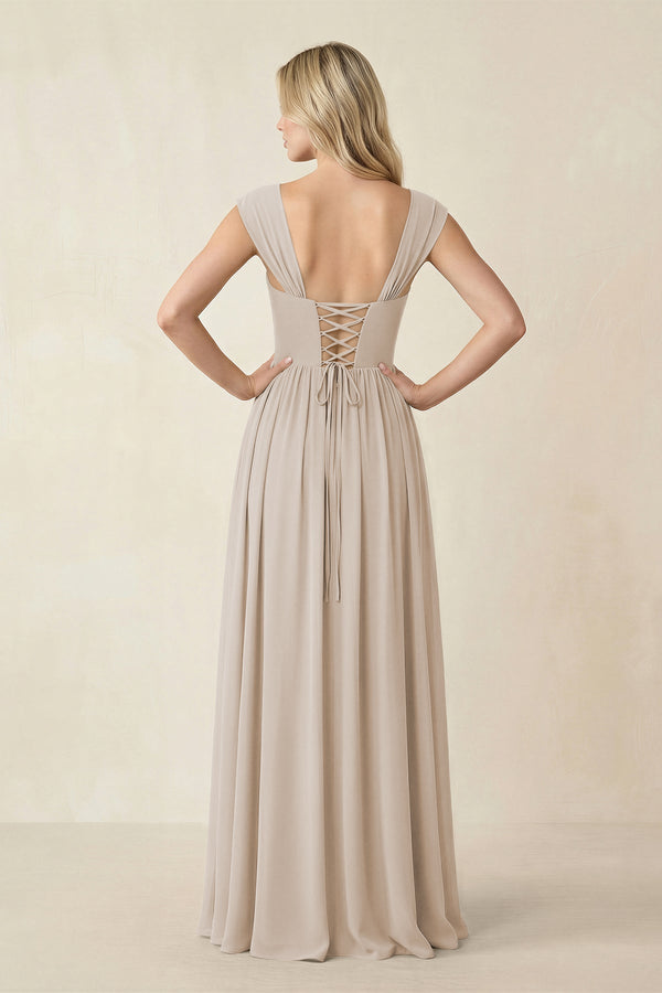 Cap Sleeve Corset A - Line Chiffon Bridesmaid Dress in Frost - KissProm Bridesmaid Dresses