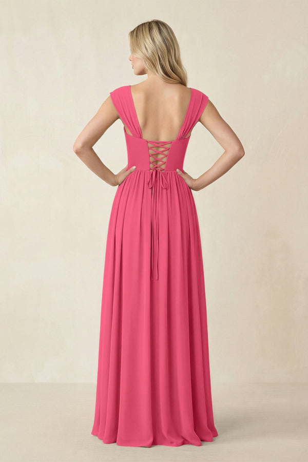 Cap Sleeve Corset A - Line Chiffon Bridesmaid Dress in Fuchsia - KissProm Bridesmaid Dresses