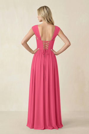 Cap Sleeve Corset A - Line Chiffon Bridesmaid Dress in Fuchsia - KissProm Bridesmaid Dresses