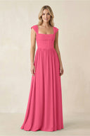 Cap Sleeve Corset A - Line Chiffon Bridesmaid Dress in Fuchsia - KissProm Bridesmaid Dresses
