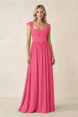 Cap Sleeve Corset A - Line Chiffon Bridesmaid Dress in Fuchsia - KissProm Bridesmaid Dresses