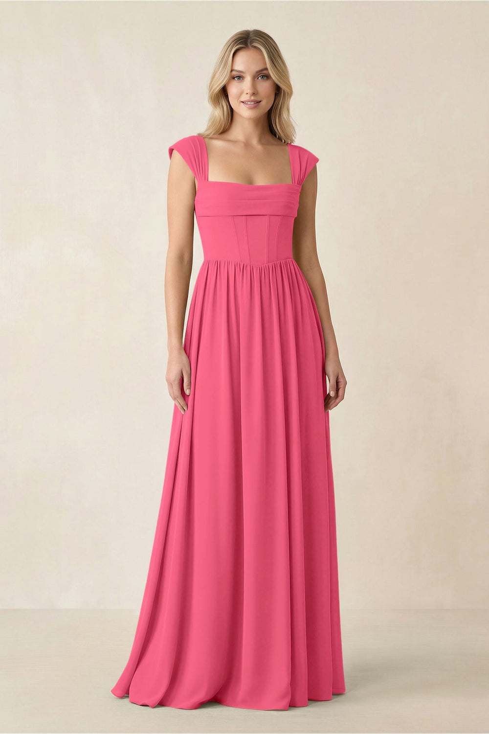 Cap Sleeve Corset A - Line Chiffon Bridesmaid Dress in Fuchsia - KissProm Bridesmaid Dresses