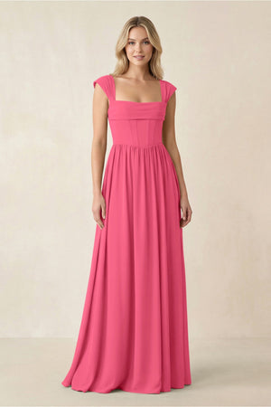 Cap Sleeve Corset A - Line Chiffon Bridesmaid Dress in Fuchsia - KissProm Bridesmaid Dresses