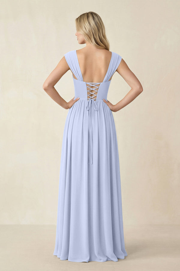 Cap Sleeve Corset A - Line Chiffon Bridesmaid Dress in Ice - KissProm Bridesmaid Dresses