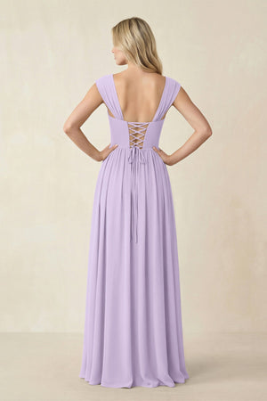 Cap Sleeve Corset A - Line Chiffon Bridesmaid Dress in Lavender - KissProm Bridesmaid Dresses