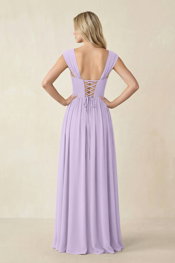 Cap Sleeve Corset A - Line Chiffon Bridesmaid Dress in Lavender - KissProm Bridesmaid Dresses