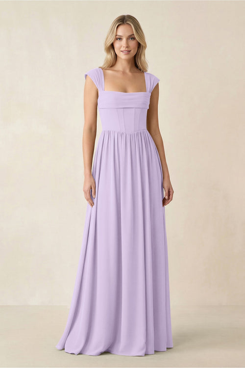 Cap Sleeve Corset A - Line Chiffon Bridesmaid Dress in Lavender - KissProm Bridesmaid Dresses
