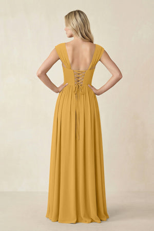 Cap Sleeve Corset A - Line Chiffon Bridesmaid Dress in Marigold - KissProm Bridesmaid Dresses