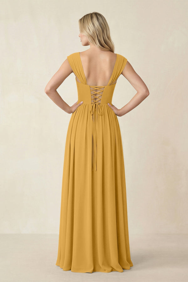 Cap Sleeve Corset A - Line Chiffon Bridesmaid Dress in Marigold - KissProm Bridesmaid Dresses